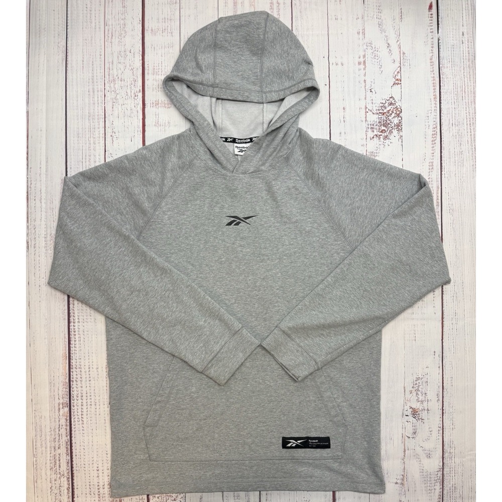 Reebok Logo Hoodie Sweatshirt Men's Size M Grey Logo Pocket Long Sleeve Pullover